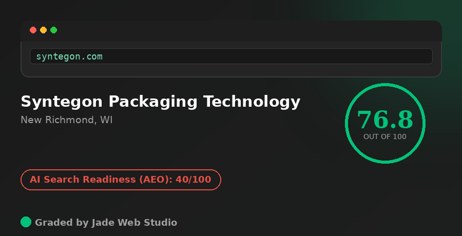 Syntegon Packaging Technology website grader scorecard showing overall score of 76.8 and AI Search Readiness (AEO) score of 40 out of 100