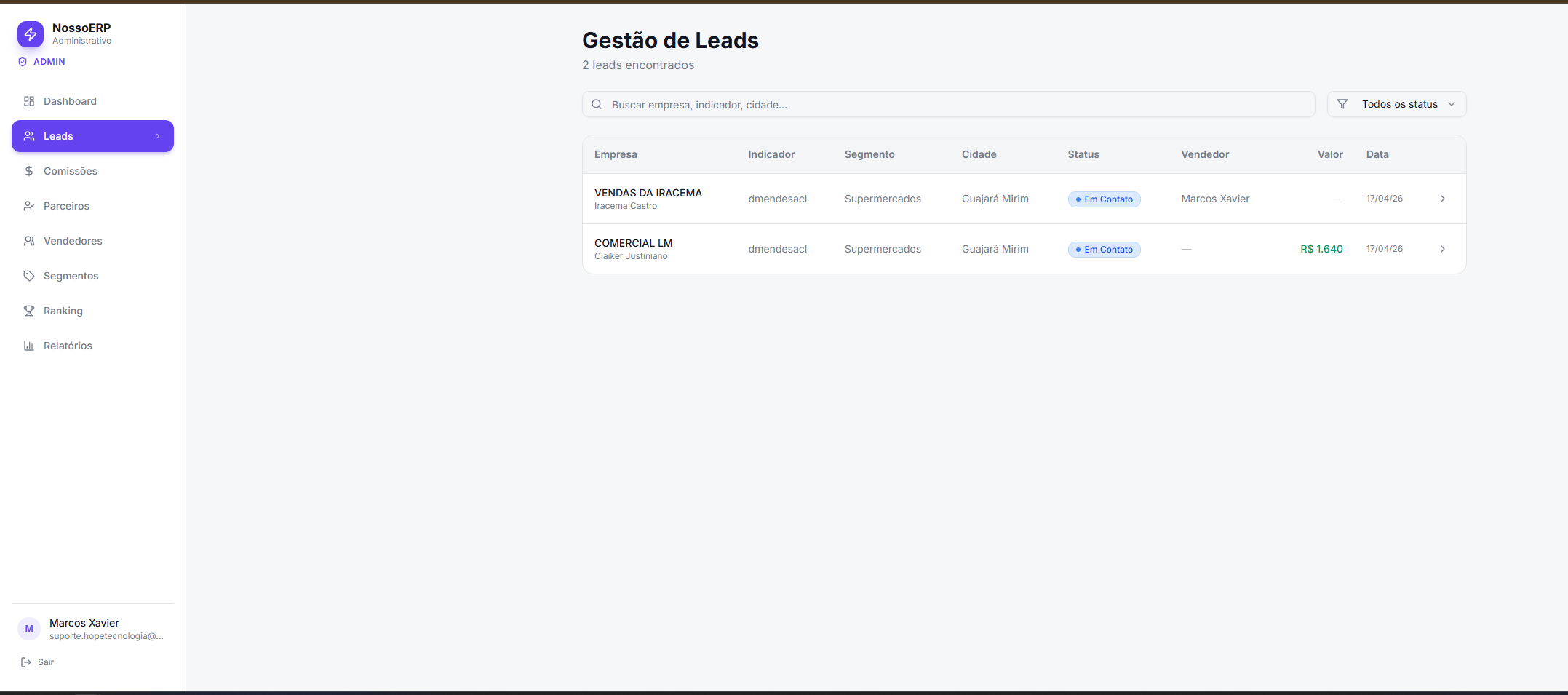 Indicaões NossoERP template preview