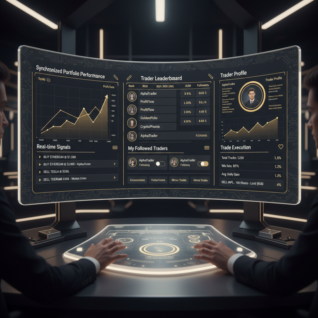 Copy trading dashboard with trader profiles and performance metrics