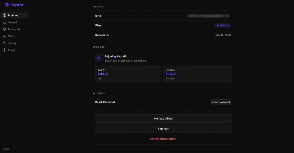 Yaptxt application interface