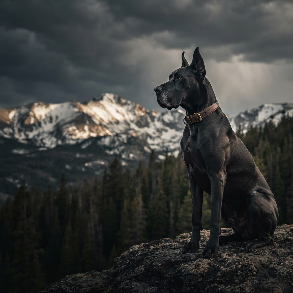 Black Great Dane in front of Colorado mountains