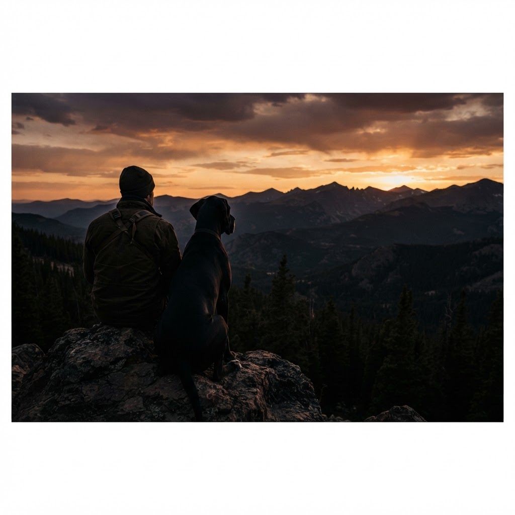Jeremy sitting with his Great Dane overlooking the mountains
