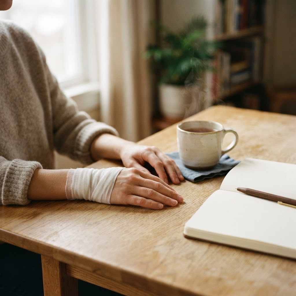 Hands resting on a kitchen table with a cup of tea and a notebook — a quiet moment of recovery after an injury