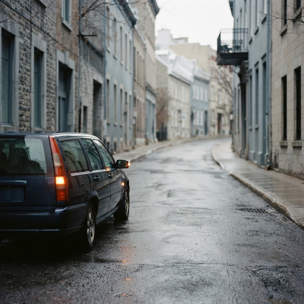 A quiet, empty street with a parked car's hazard lights glowing — a calm moment after a minor car incident