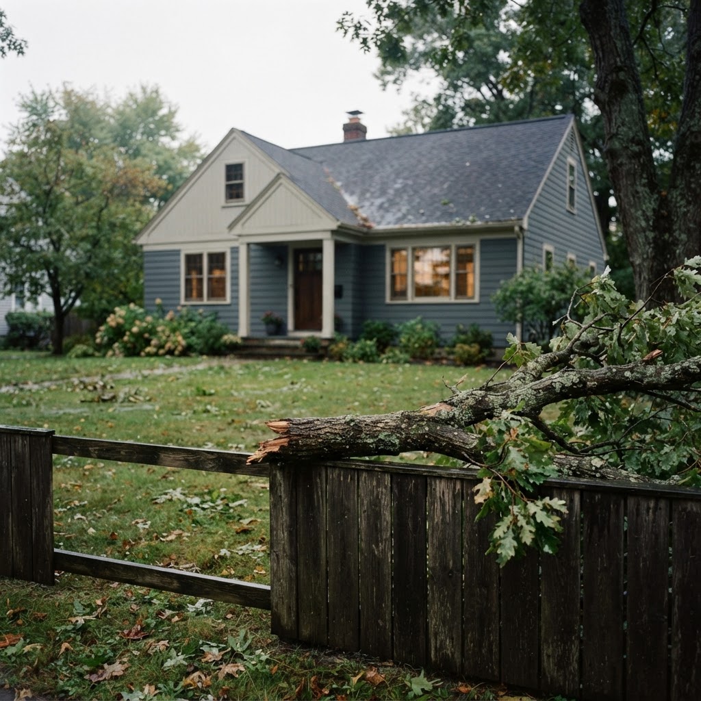 A quiet suburban home exterior with a fallen branch on the fence after a storm — a calm moment assessing property damage
