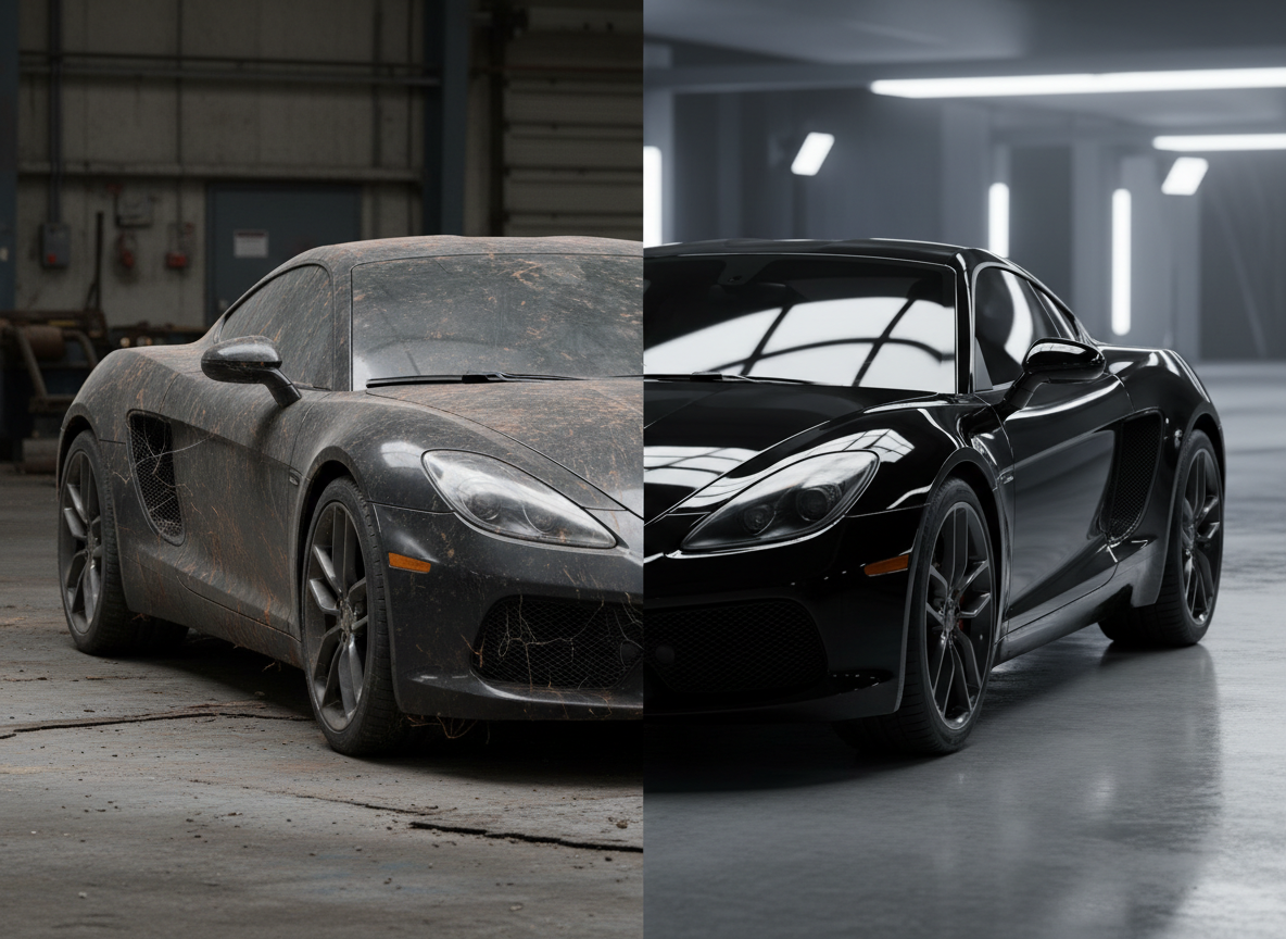 Before and after exterior detailing showing dramatic transformation