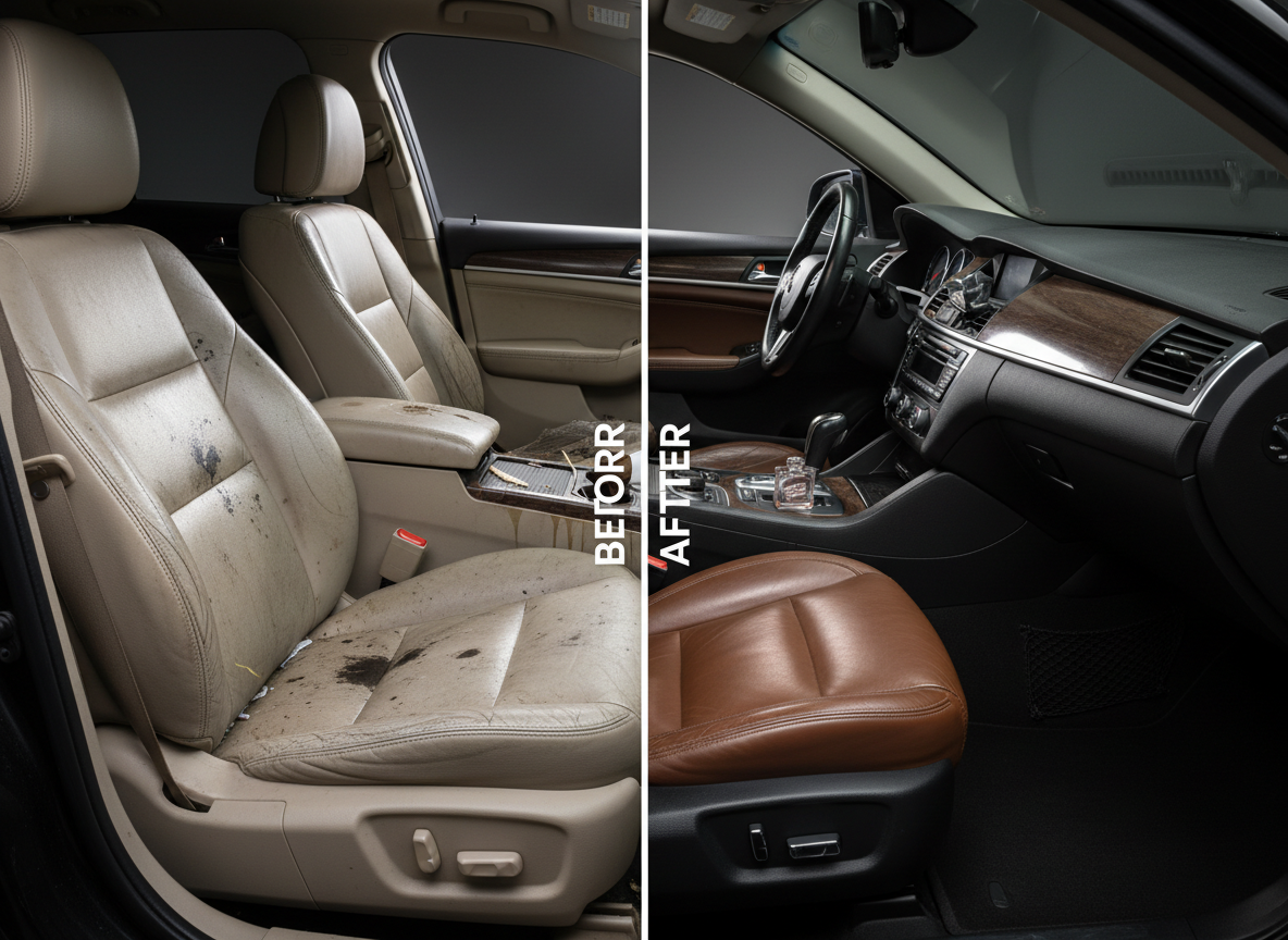 Before and after interior detailing with pristine results
