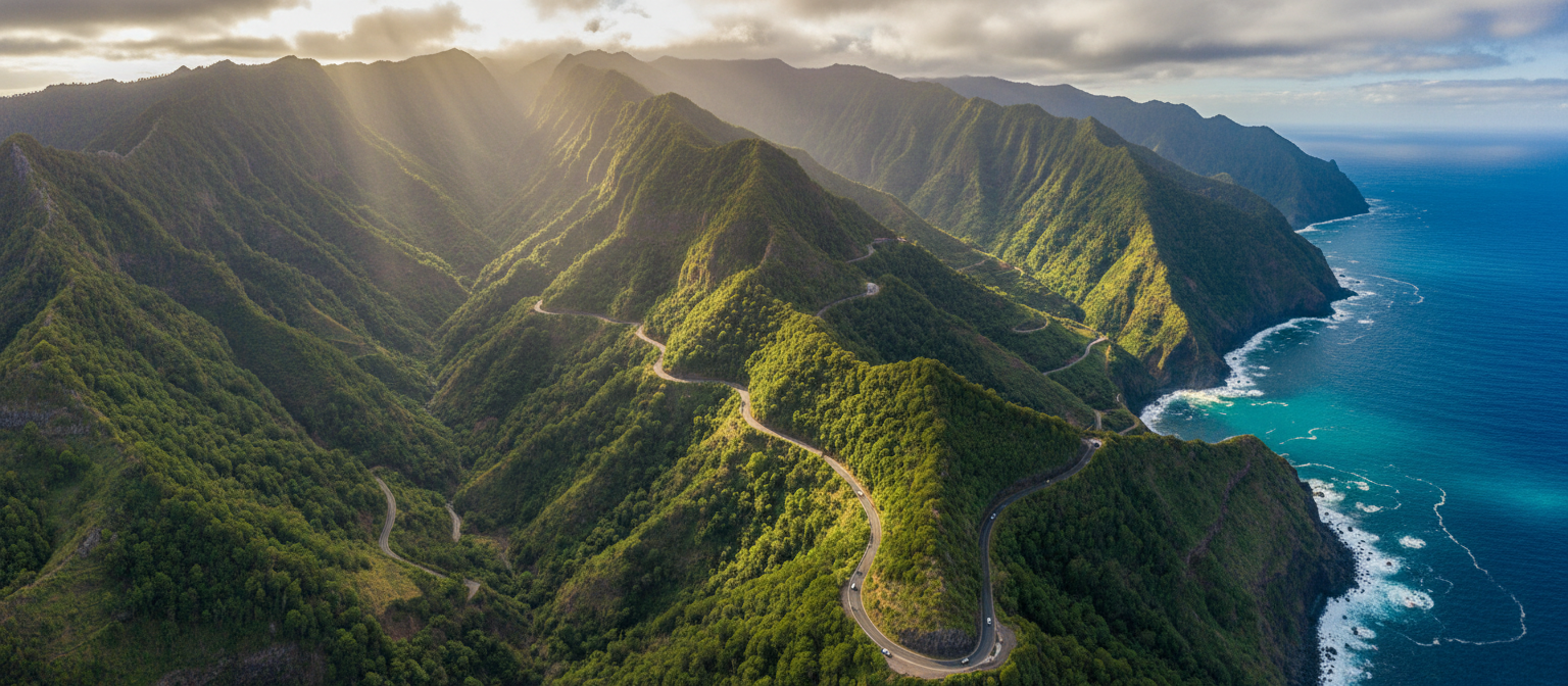 Aerial view of Madeira island dramatic landscape