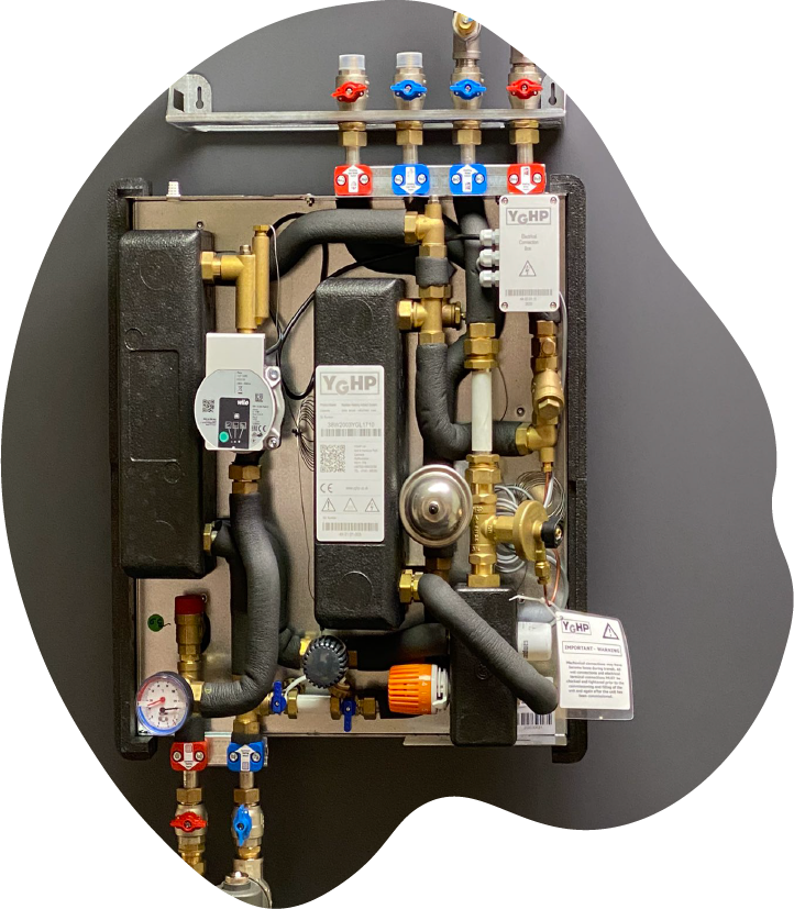 HIU internal components including valves, pump and heat exchanger