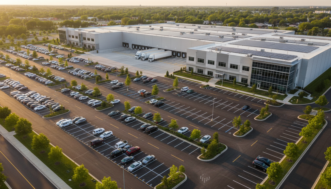 Aerial view of a professionally maintained commercial property complex at golden hour