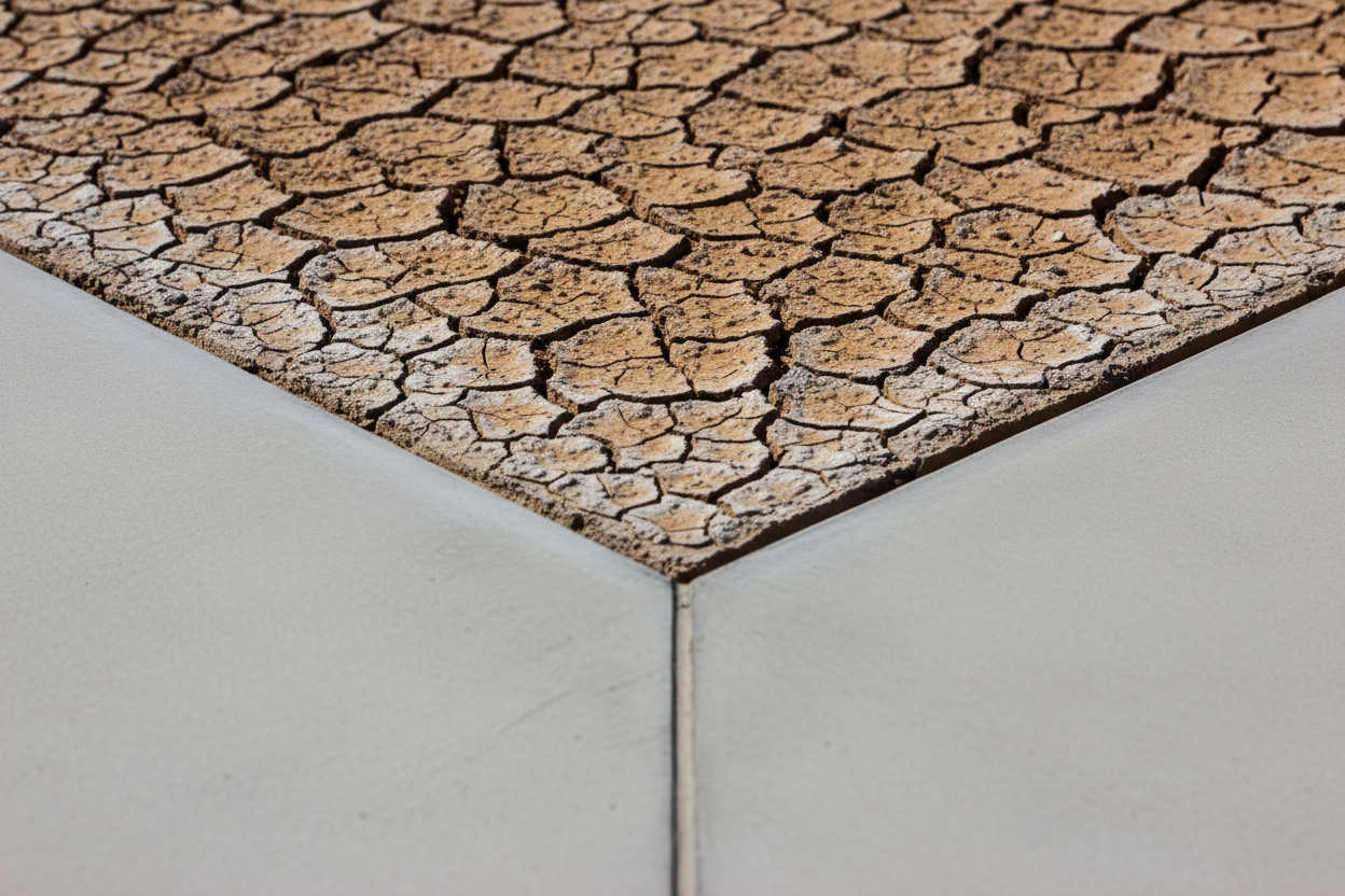 Cracked desert earth meeting a clean architectural edge, symbolizing the bridge between ancient tradition and modern healing in California