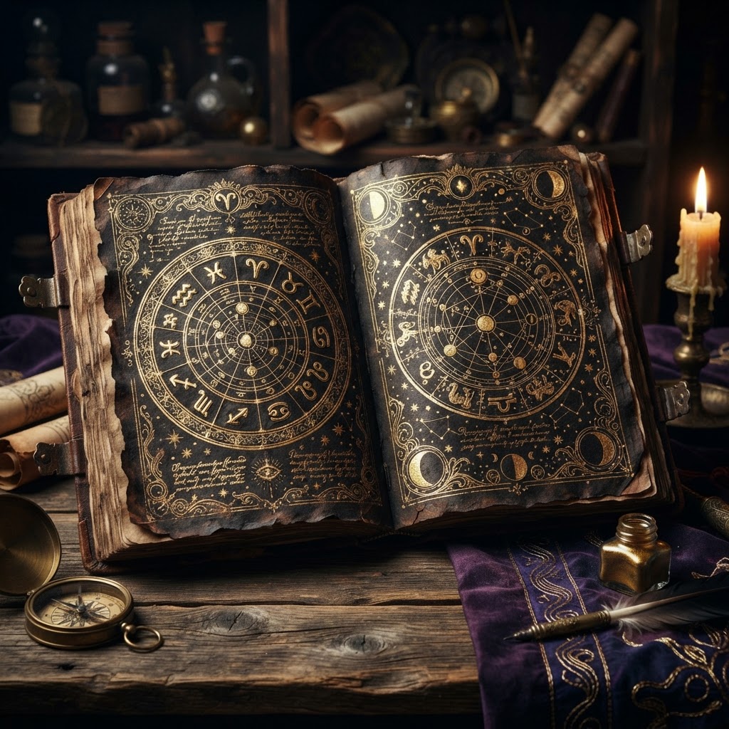 Ancient astrological manuscript with zodiac symbols