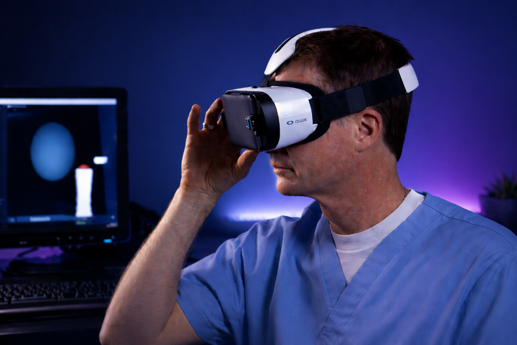Healthcare professional using VR headset for medical training