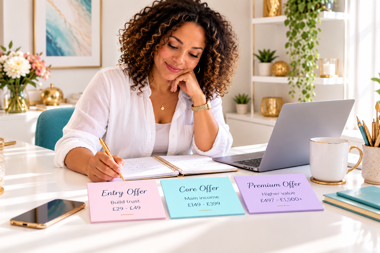 Entrepreneur planning Entry, Core and Premium offers at a bright workspace