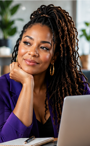 Professional Black woman entrepreneur in a purple blazer planning her business at a laptop