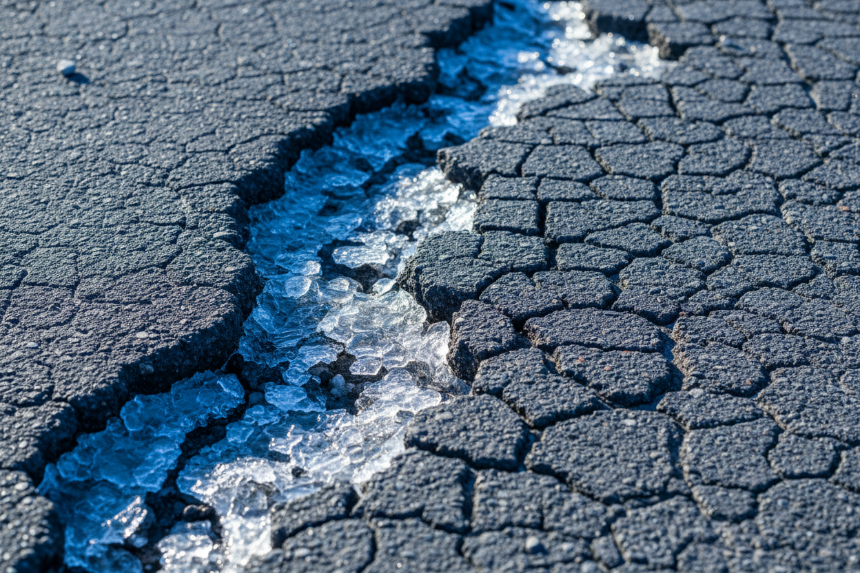 Severely cracked and damaged asphalt driveway in Summit County Colorado showing freeze-thaw water intrusion damage