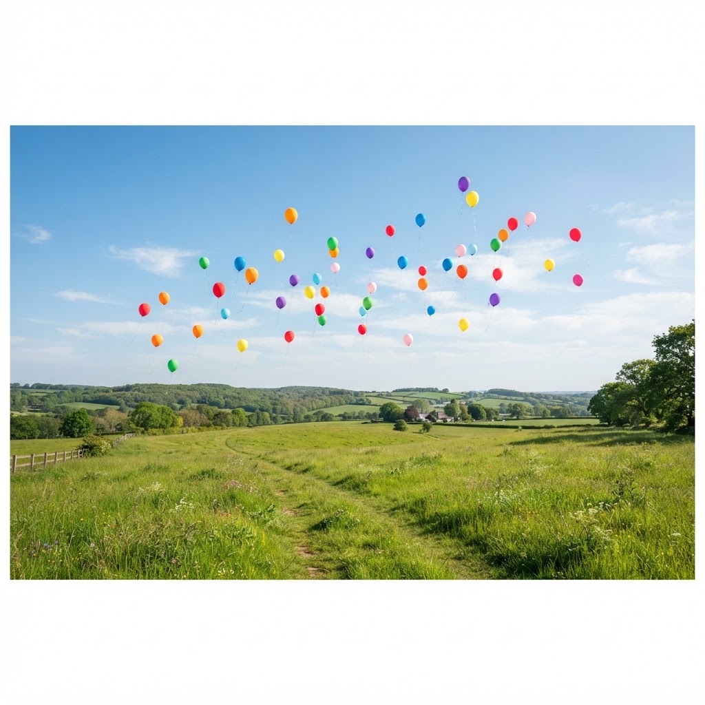 Open field with clear sky and balloons