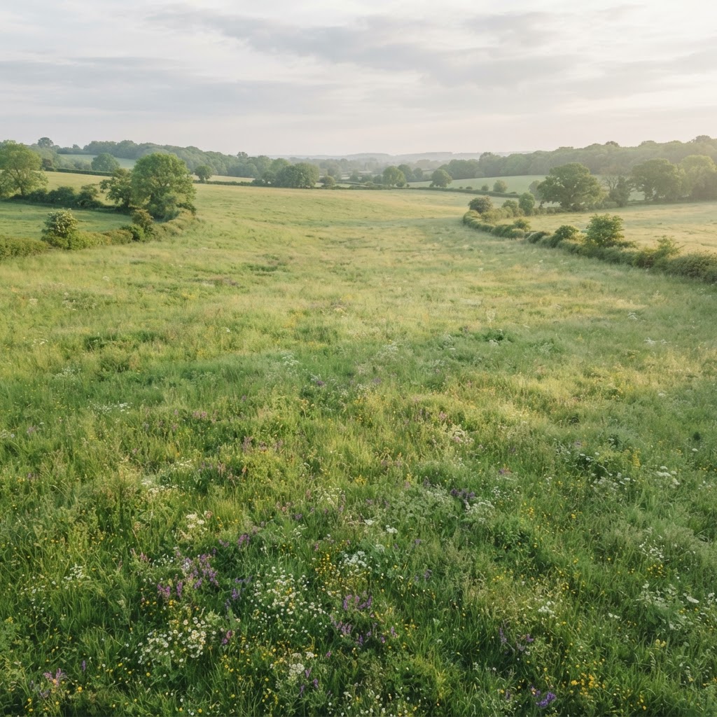 Field with green plants and wildflowers