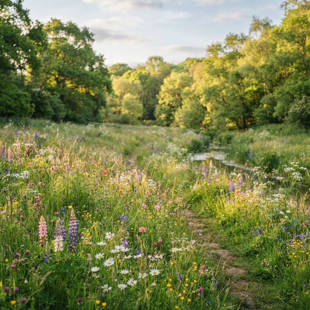 Peaceful nature scene with trees, flowers, and grass