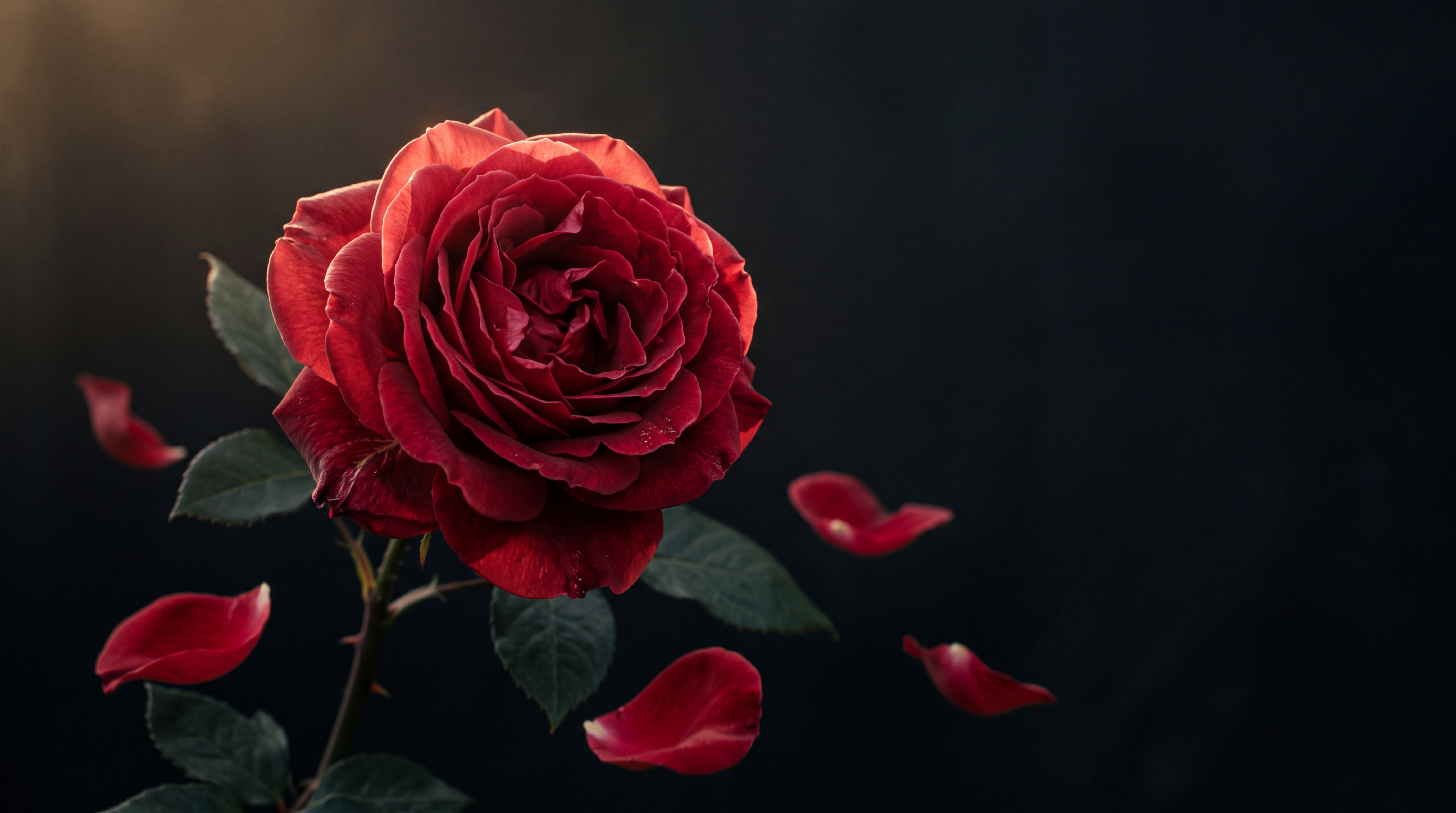 Deep crimson rose with drifting petals