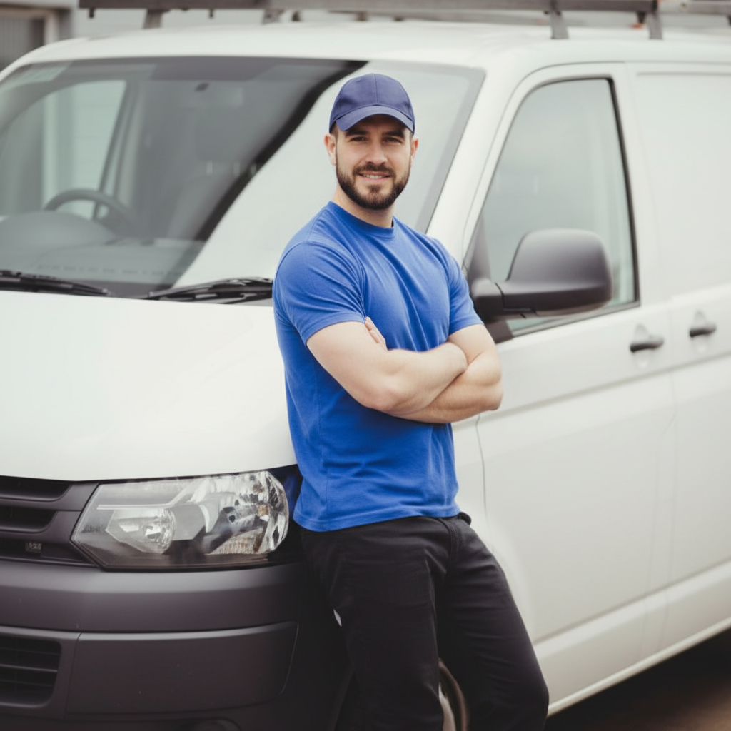 Courier standing in front of white transit van