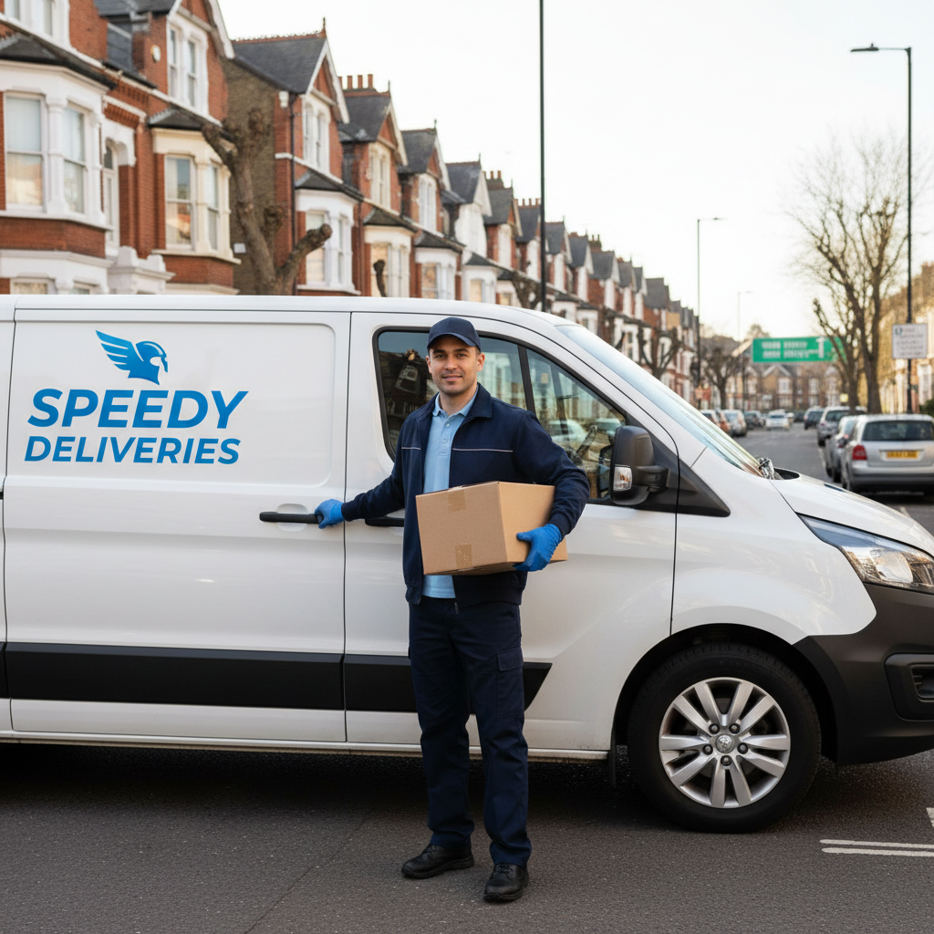 Courier with white delivery van