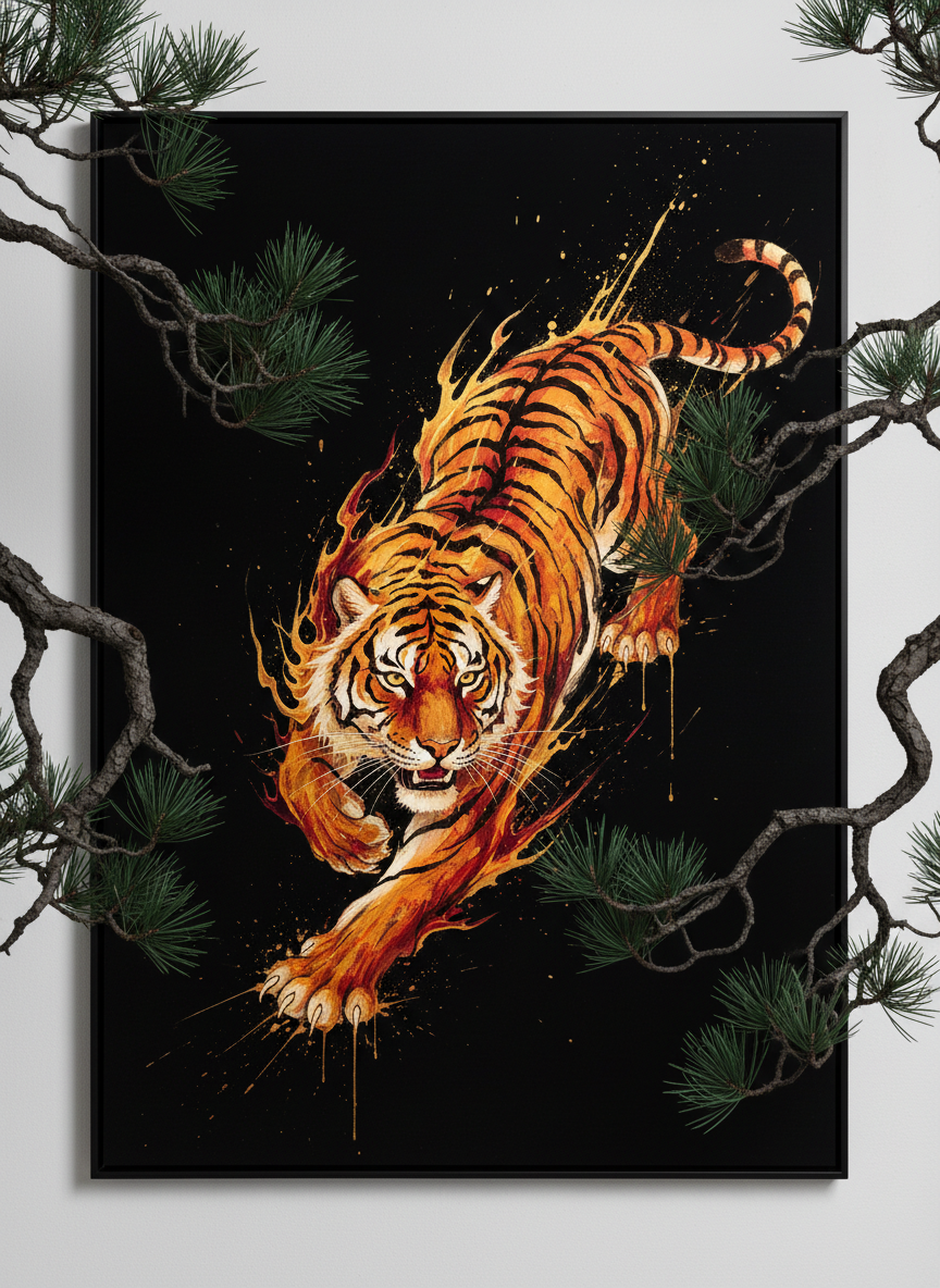 Tiger artwork inspired by Japanese silk painting
