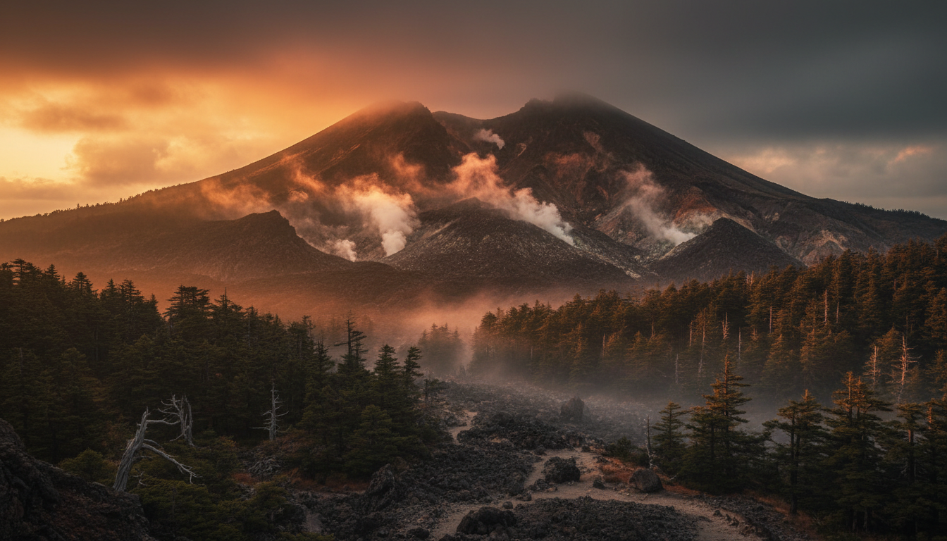 Japanese volcanic mountain landscape at golden hour with pine forests
