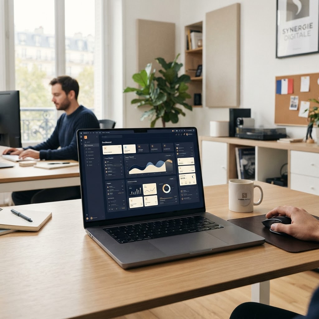Tableau de bord d'une application métier sur mesure affichant des indicateurs de performance et des données de gestion pour une PME