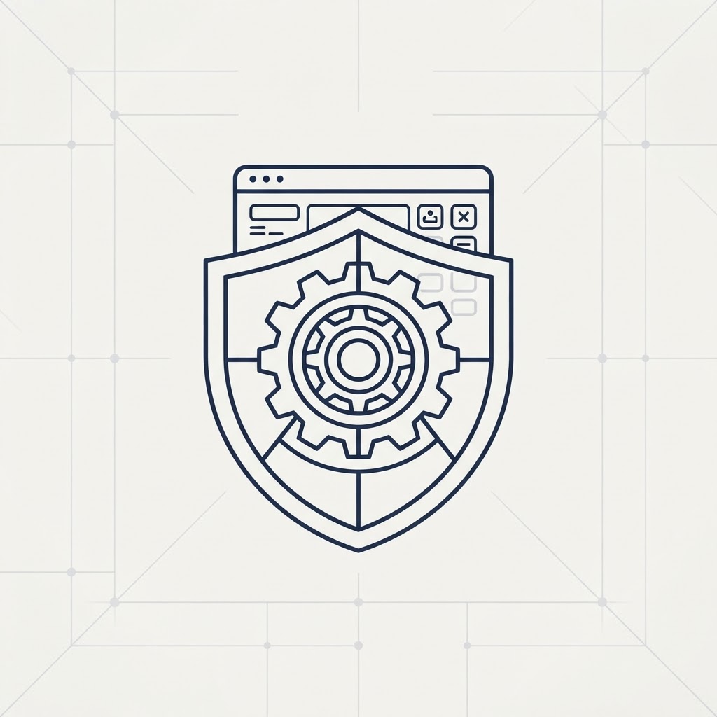 Illustration sobre d'un engrenage et d'un bouclier protégeant une fenêtre d'application logicielle, symbolisant la maintenance d'une application métier sur mesure