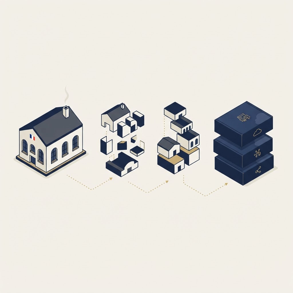 Illustration isométrique : un outil interne d'entreprise se transformant en produit SaaS commercial dans le cloud, palette bleu marine et blanc cassé