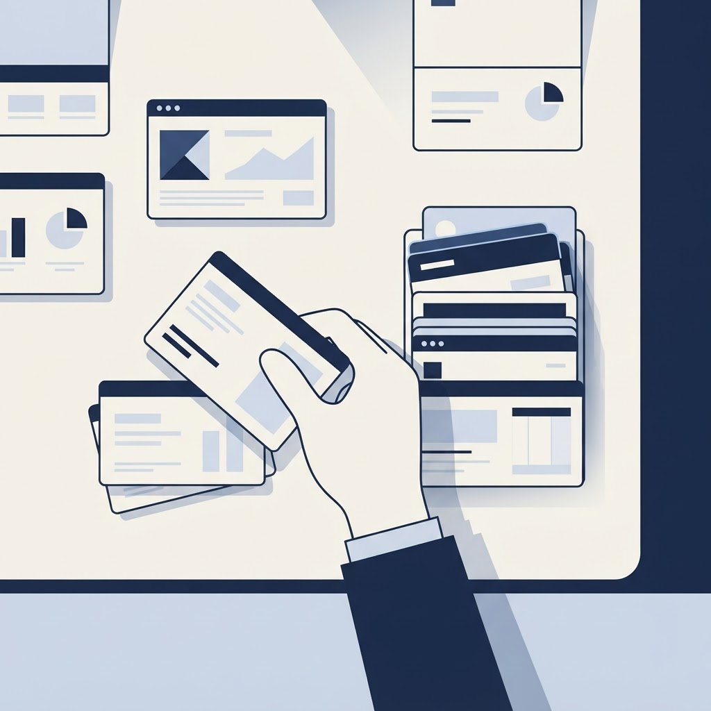 Illustration d'un tri de cartes d'abonnements logiciels : les doublons sont écartés et le socle applicatif est rassemblé en une pile unique, palette bleu marine et blanc cassé