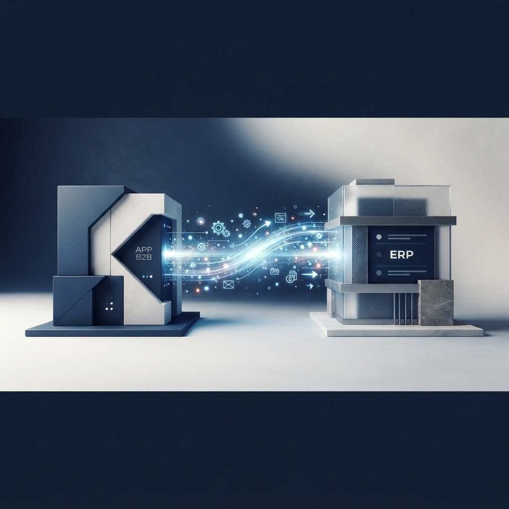 Deux systèmes logiciels connectés par un flux de données, illustration sobre en bleu marine et blanc cassé