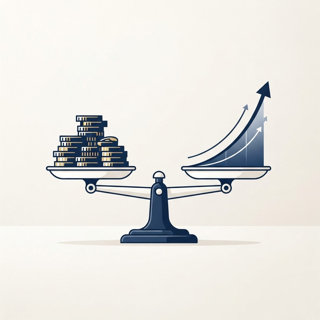 Pricing SaaS B2B : balance symbolique entre le prix facturé et la valeur perçue par le client, illustration bleu marine et blanc cassé