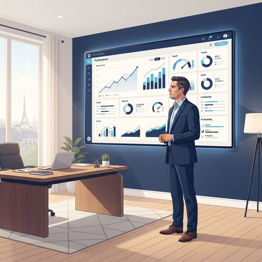 Dirigeant de PME consultant un tableau de bord de pilotage sur mesure affichant des courbes et indicateurs financiers en bleu marine
