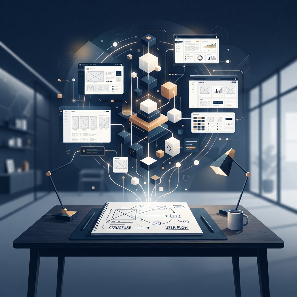 Conception d'un SaaS sur mesure : maquettes d'interfaces et modules d'application reliés sur un bureau