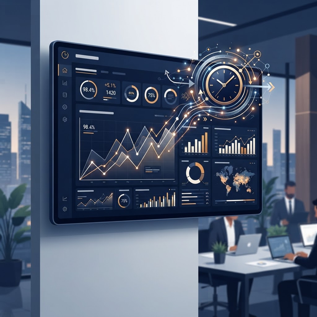 Tableau de bord temps réel d'une PME affichant des indicateurs actualisés en continu sur écran de direction