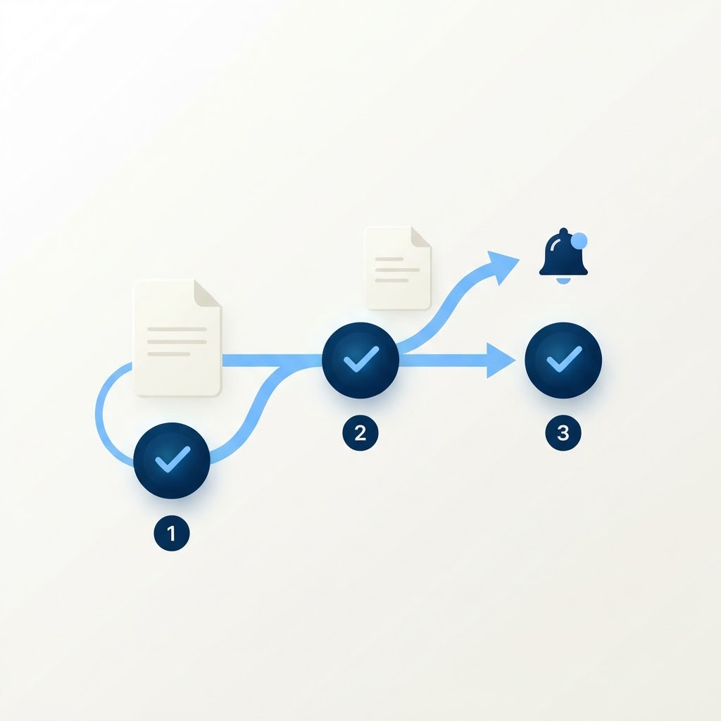 Illustration d'un circuit de validation automatisé : un document franchissant des étapes de validation avec pastilles de confirmation, en bleu marine et blanc cassé