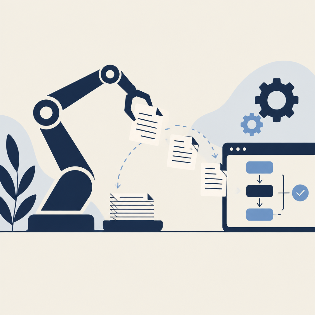 Illustration sobre d'un bras robotique automatisant le transfert de documents vers un flux numérique, palette bleu marine et blanc cassé