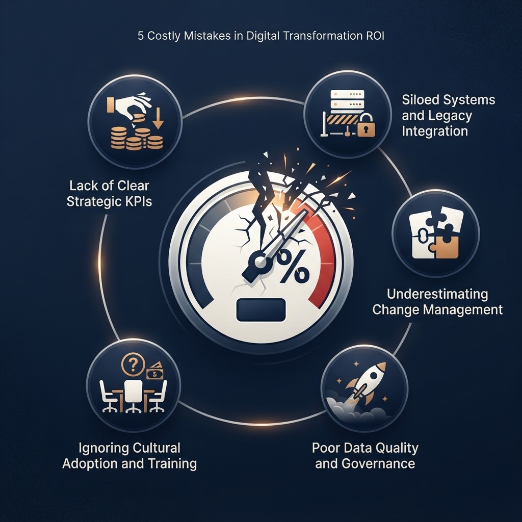 Digitalisation PME : 5 erreurs qui sabotent le ROI, illustrées par un dirigeant corrigeant des chiffres erronés sur un tableau de bord