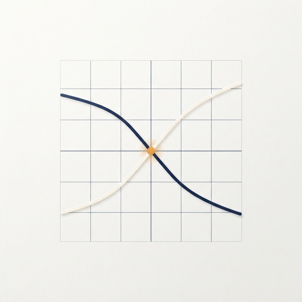 Illustration abstraite d'un graphique de point mort : deux courbes qui se croisent, la ligne des gains dépassant la ligne des coûts, bleu marine et blanc cassé