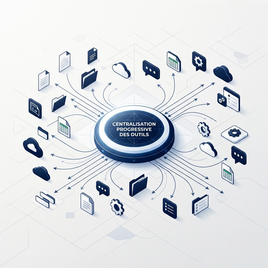 Schéma épuré d'outils d'entreprise dispersés convergeant par étapes vers un hub central unique, palette bleu marine et blanc cassé