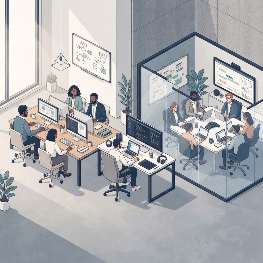 Illustration des trois modes de développement d'un SaaS : équipe interne, freelance et agence spécialisée