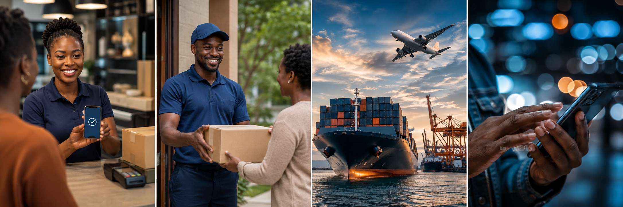 Service & Solution in action — customer service, residential delivery, global freight, and mobile tracking