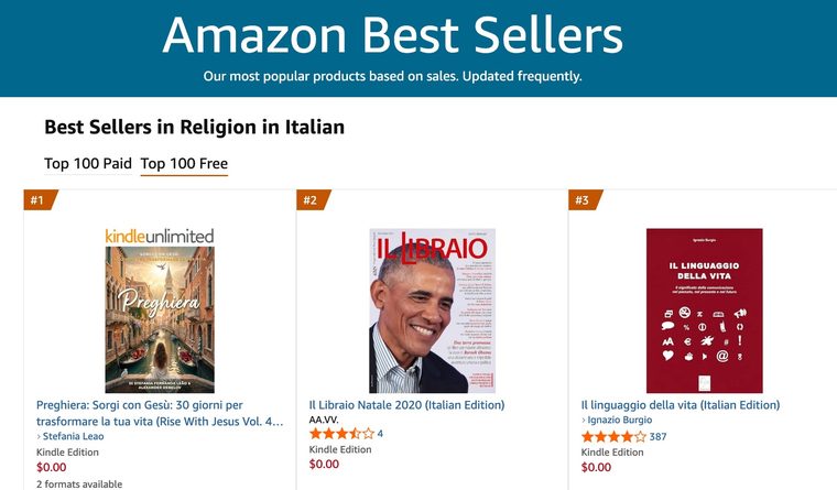 Amazon Best Sellers screenshot showing Religion in Italian · Kindle at #1