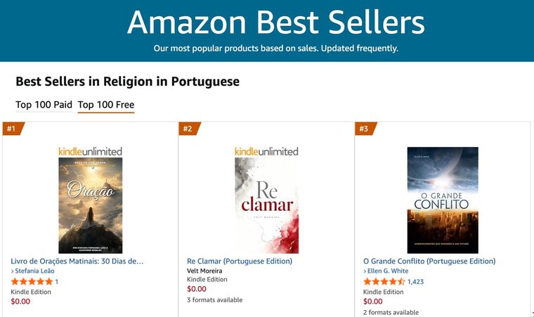 Amazon Best Sellers screenshot showing Religion in Portuguese · Kindle at #1