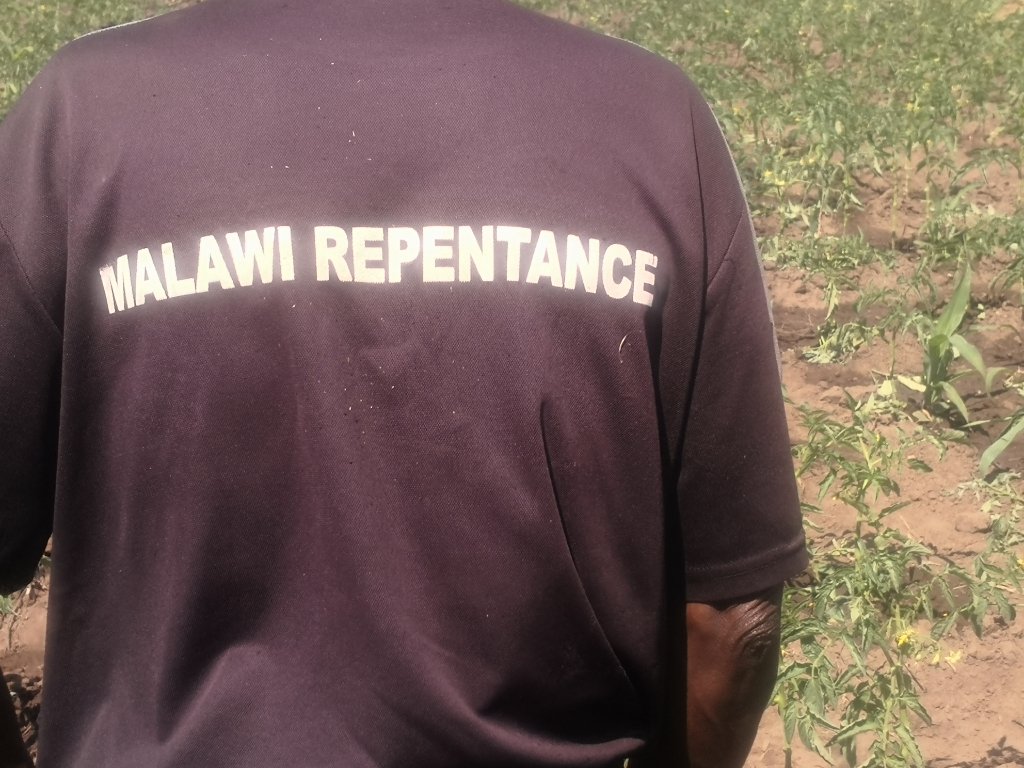 Community member wearing a Malawi Repentance shirt working in the farm field
