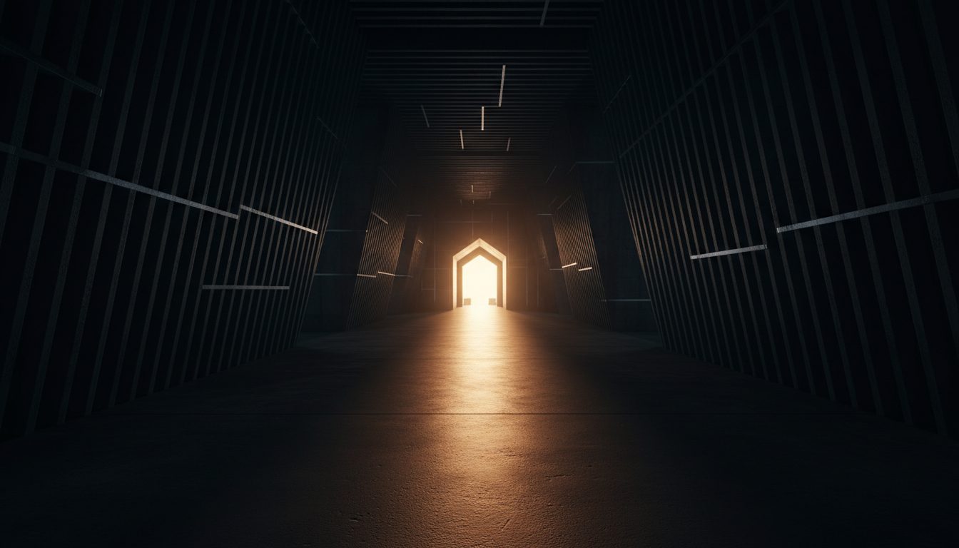 A path through a brutalist hallway