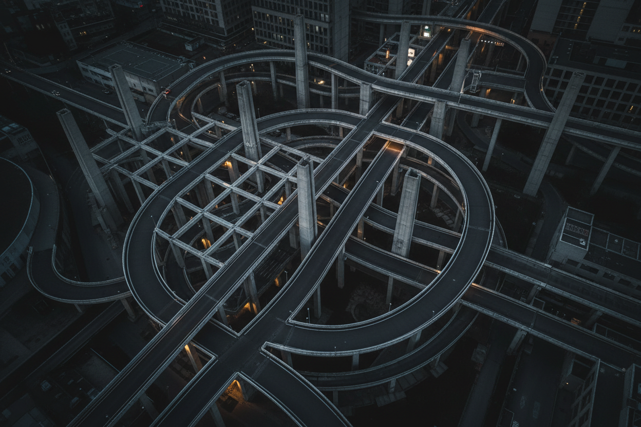 Aerial architectural grid — strategic paths