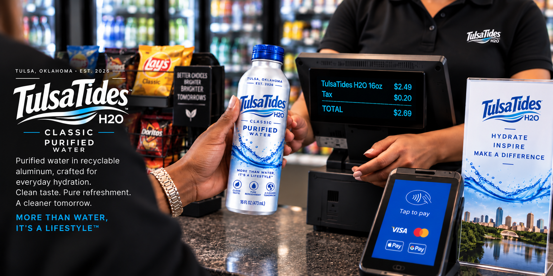 Customer purchasing a TulsaTides H2O Classic bottle at a Tulsa store register